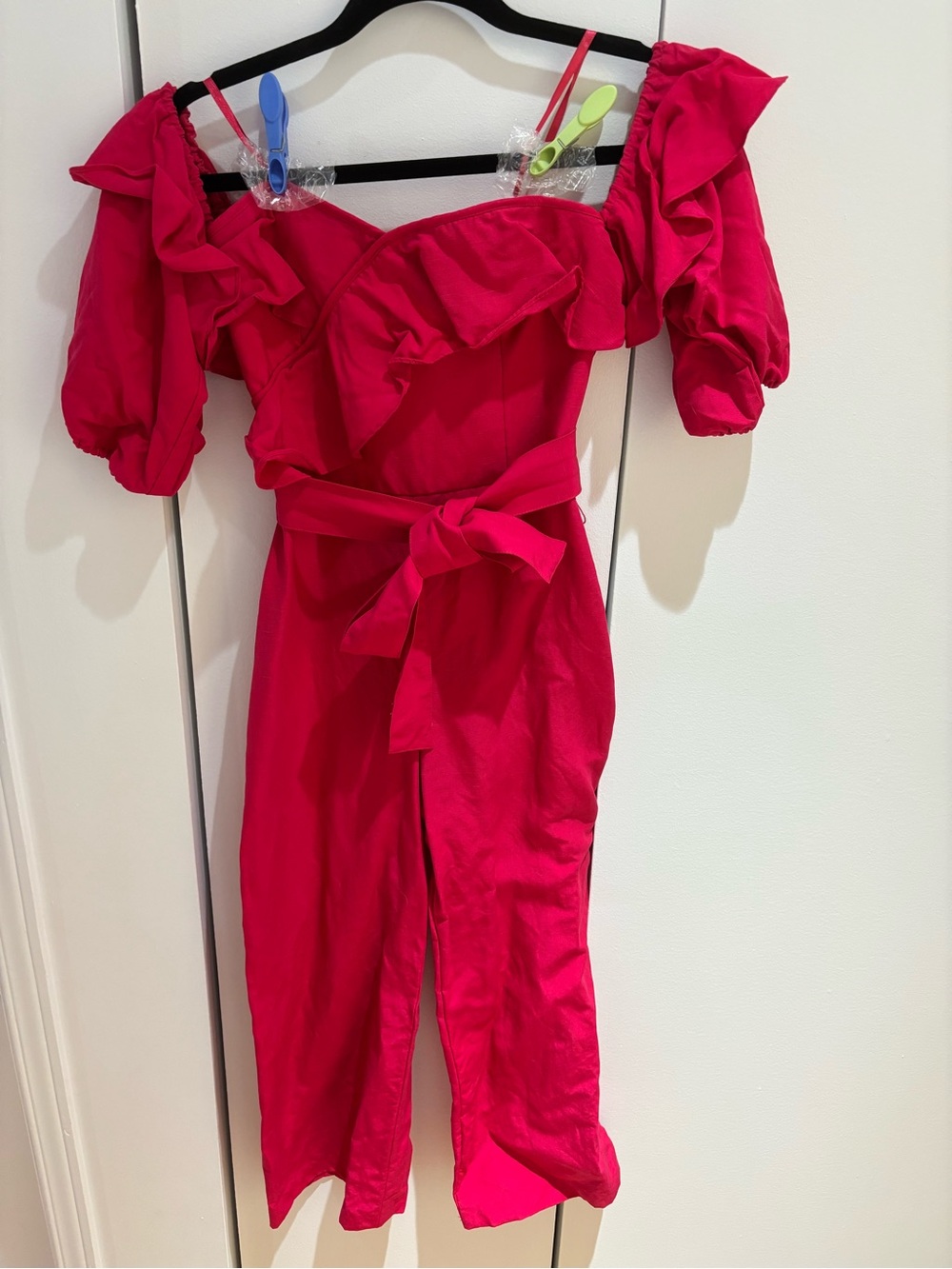 Club Monaco Bright Pink Off-Shoulder Jumpsuit with Waist Tie